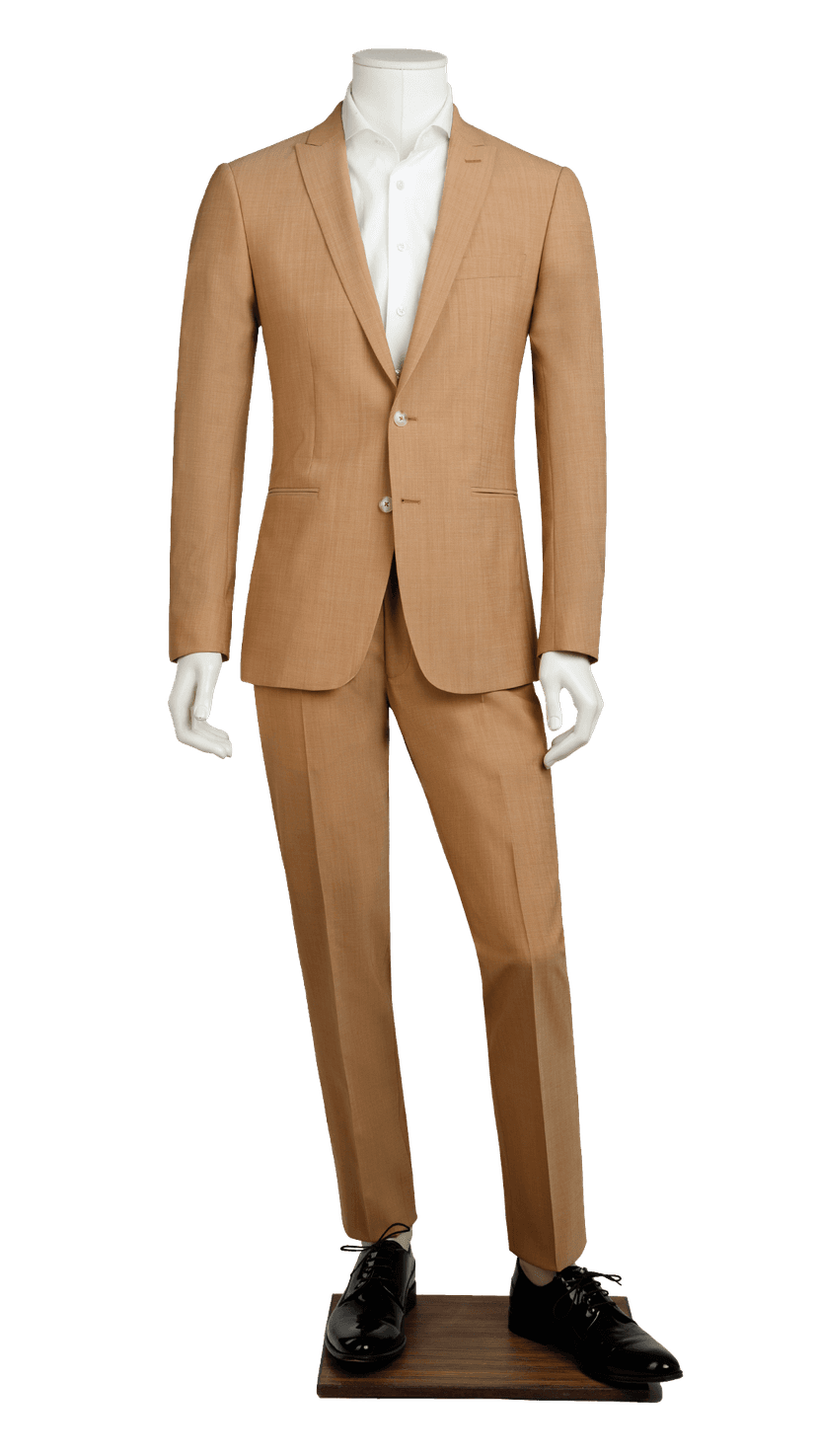 brow suit and pants with white shirt