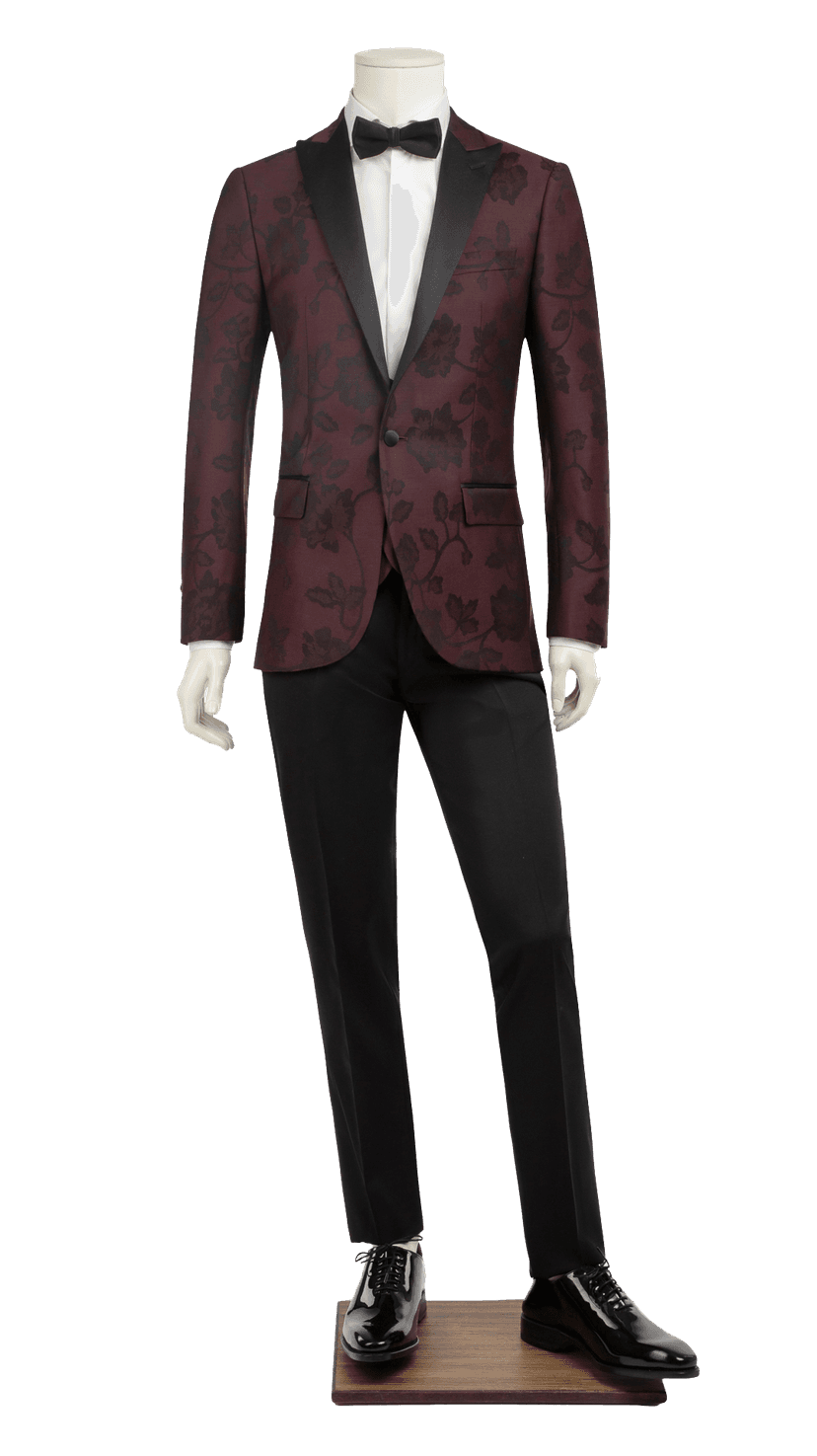 dark red suit with white shirt and black pants