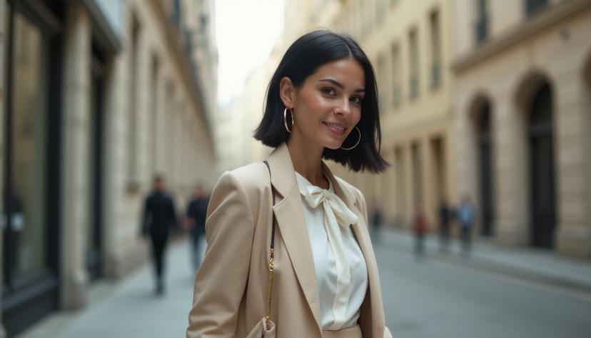 Woman wearing beige blazer over white blouse