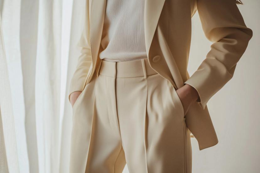 Woman wearing an elegant beige suit
